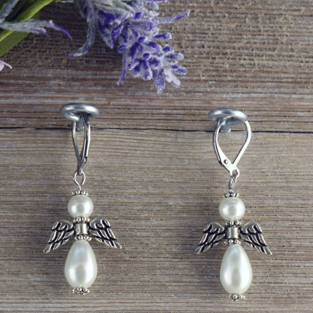Faux Pearl Angel Stainless-Steel Earrings